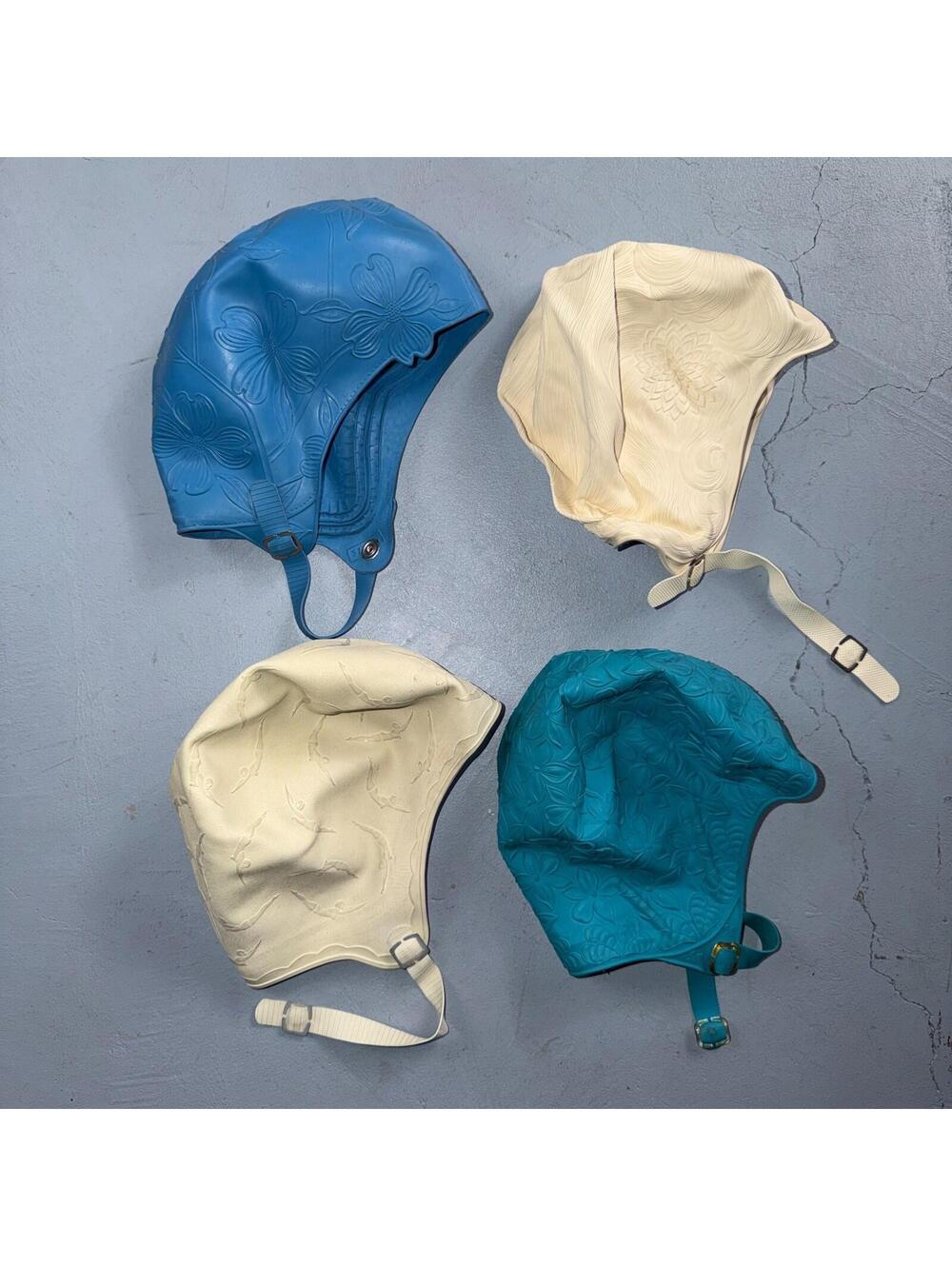 Vintage 50s 60s Swim Bathing Cap White Chin Strap Retro Petal Style Lot of 4 RAR